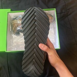 Bottega Veneta Men’s Brown Leather Sandals with Black Rubber Sole